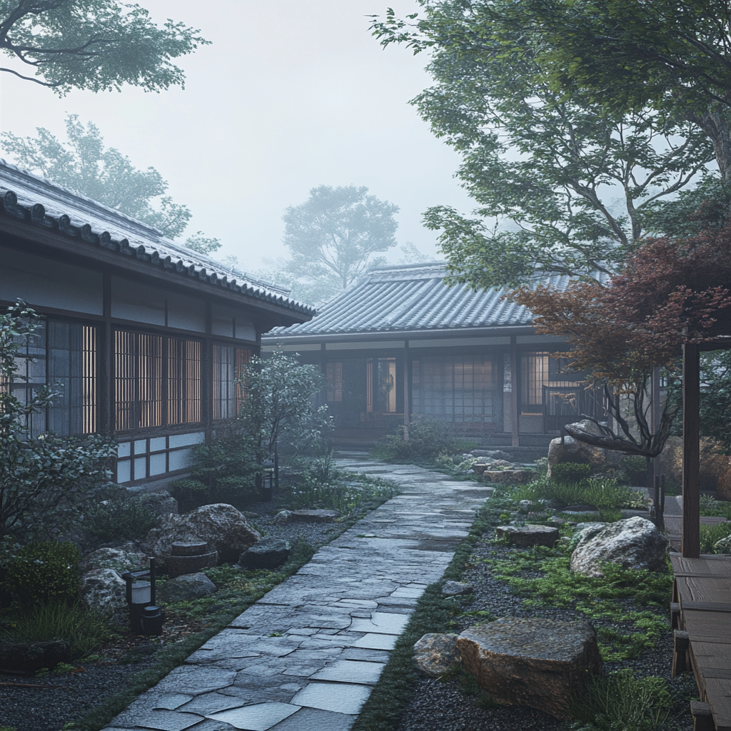 Japanese house with engawa in misty natural setting.