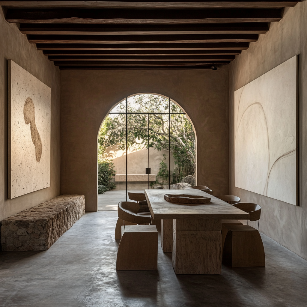 Japanese-inspired design house with coconut wall, stone furniture.