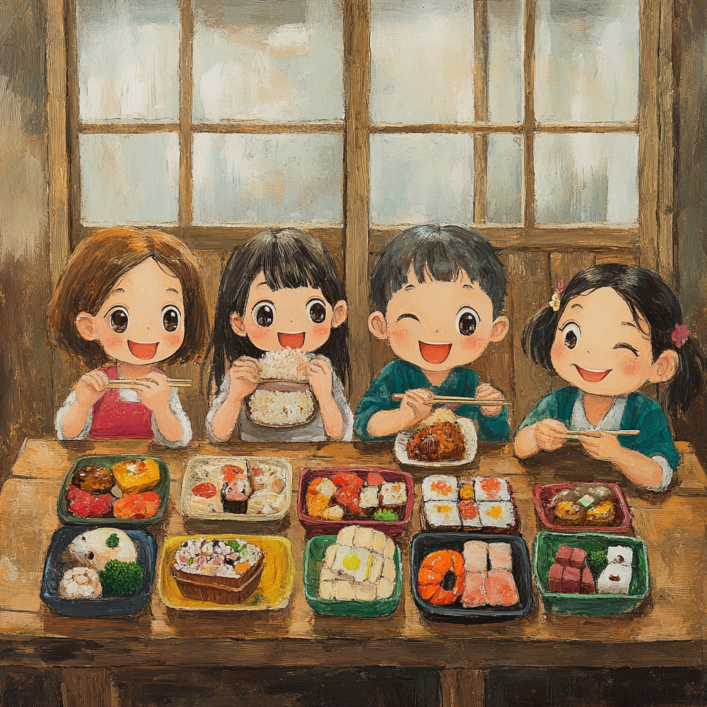 Japanese kids happily eating bento