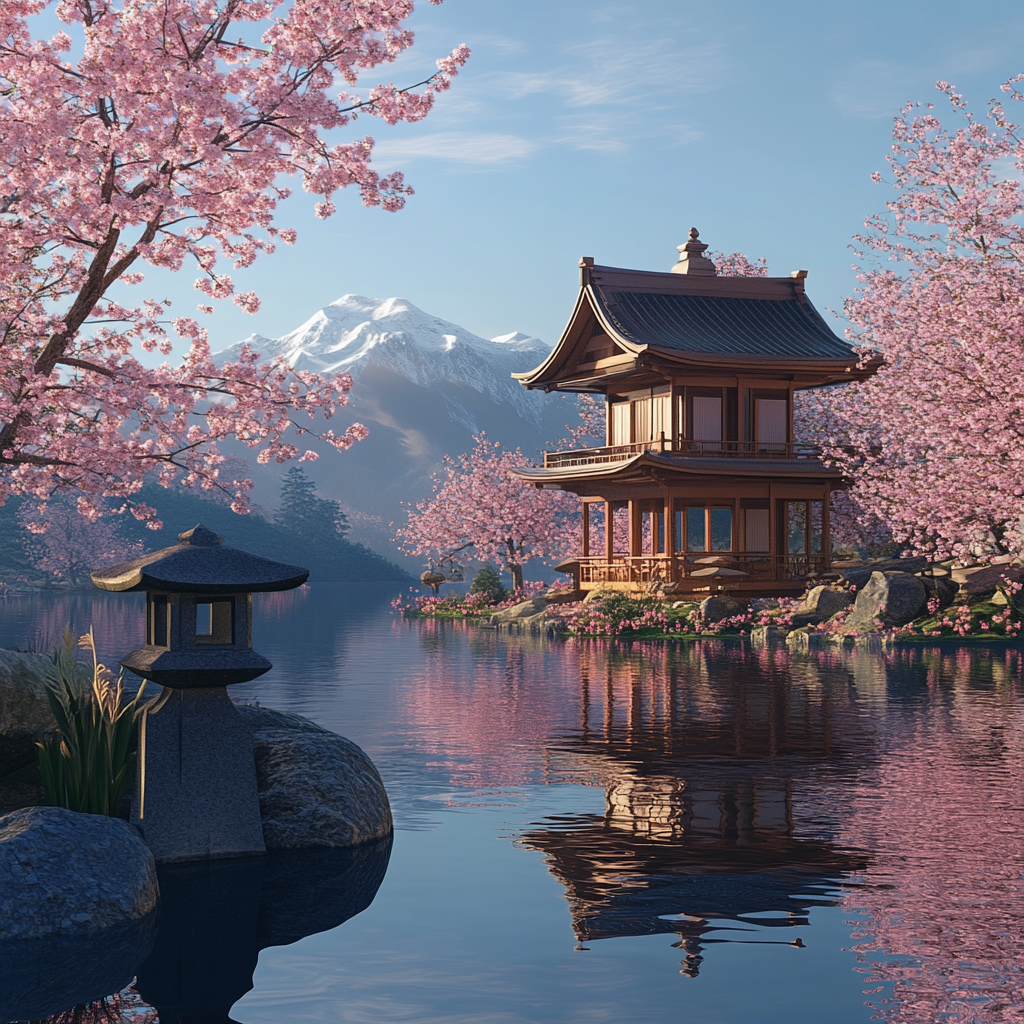 Japanese landscape with cherry blossoms, tea houses, and pond.