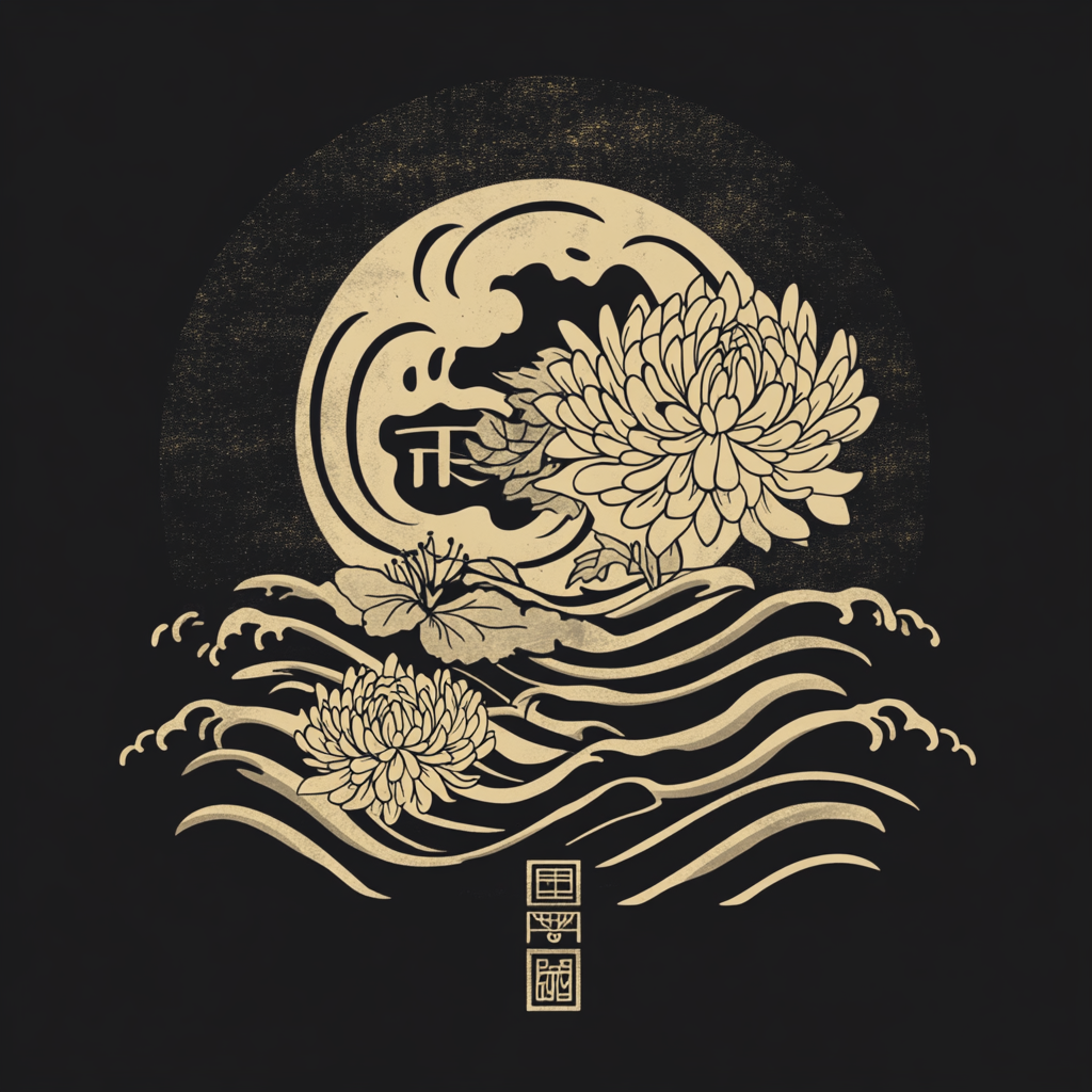 Japanese logo with chrysanthemums, waves, and Sukunahikona symbol