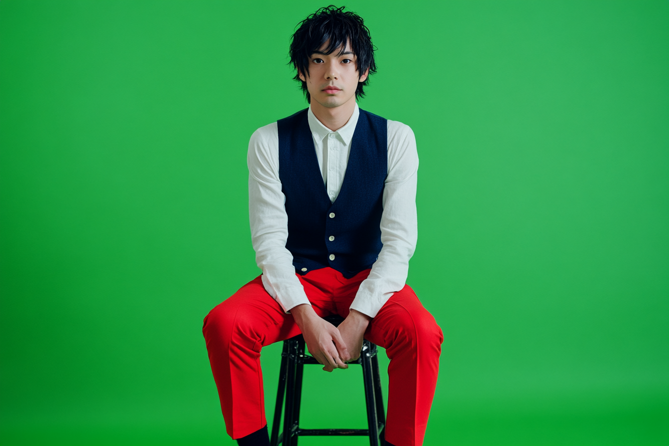 Japanese male in 20s, dressed in white, navy, and red.