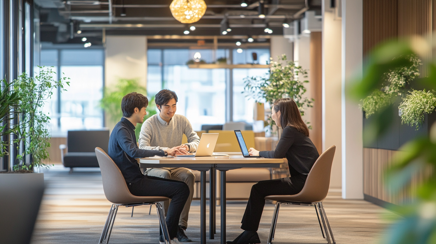 Japanese man and woman in modern office, natural lighting.