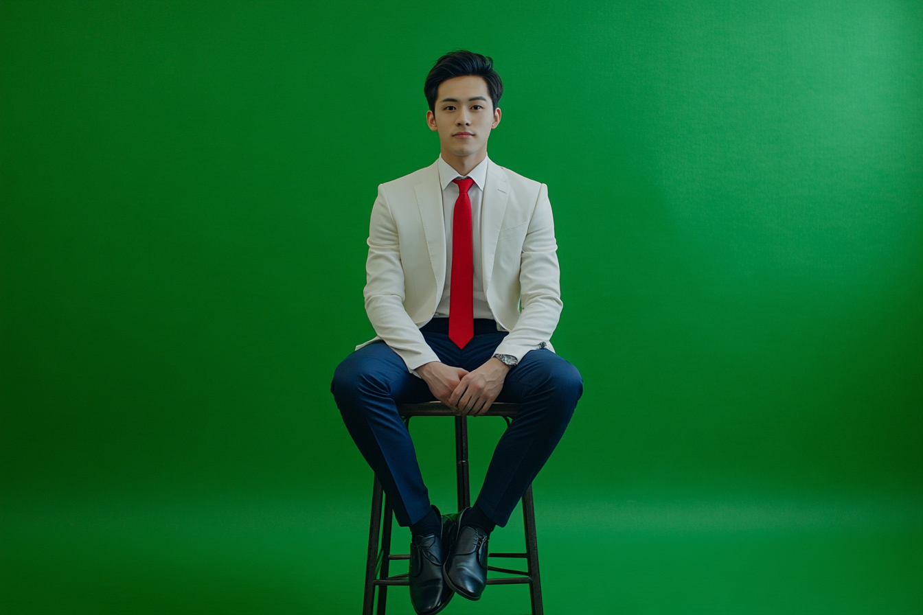 Japanese man in 20s, confident in stylish outfit, sitting.