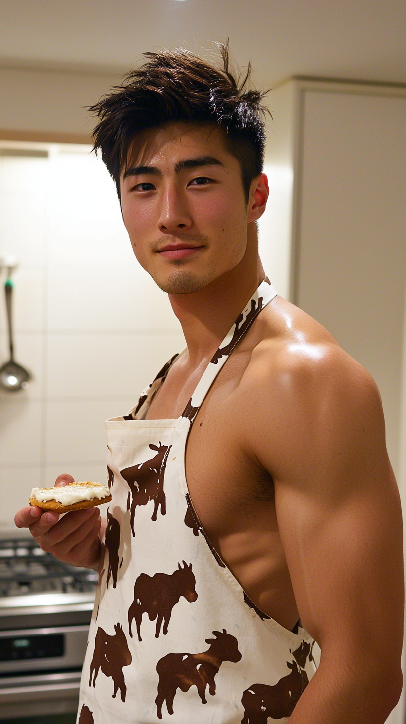 Japanese man in cow print apron offering twinkie.