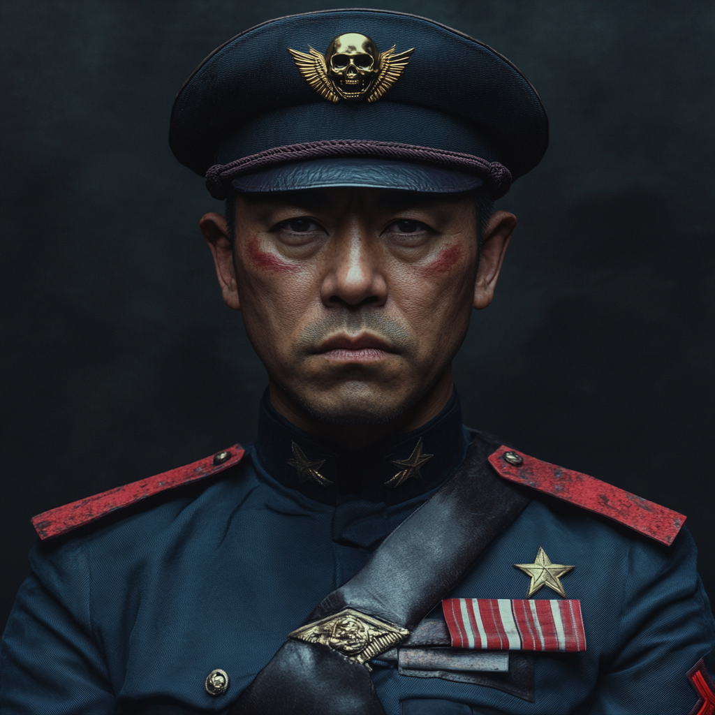 Japanese man in military uniform with navy hat.