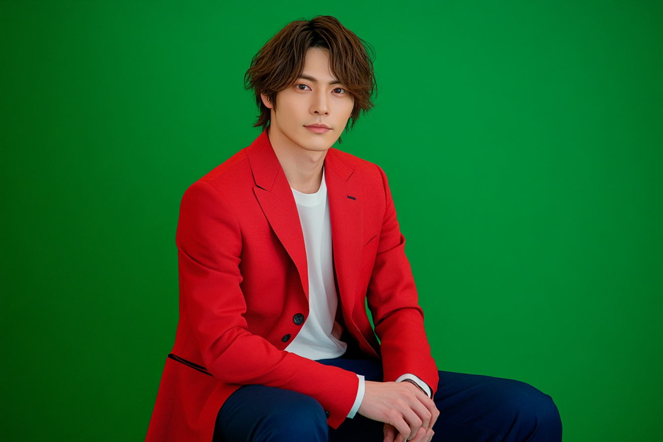 Japanese man in navy trousers & red blazer, smiling.