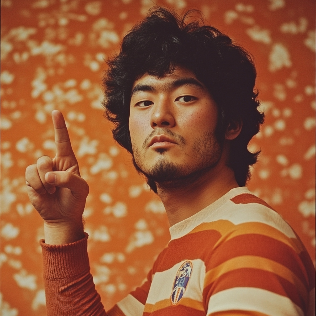 Japanese man in striped shirt doing hand sign