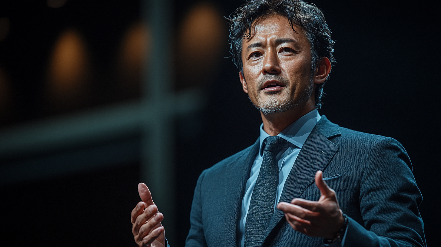 Japanese man in suit giving presentation on stage.