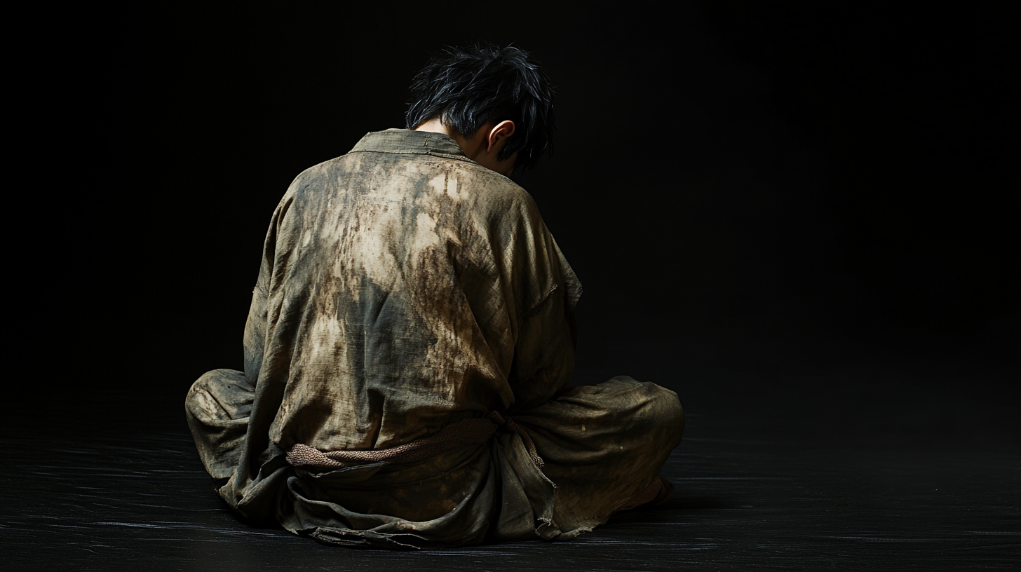 Japanese man resting in traditional clothes, Henri style