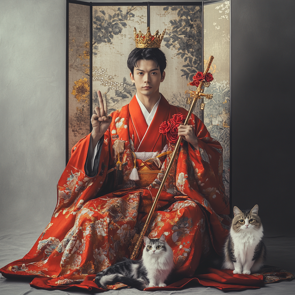 Japanese man sits in kimono with cats and staff