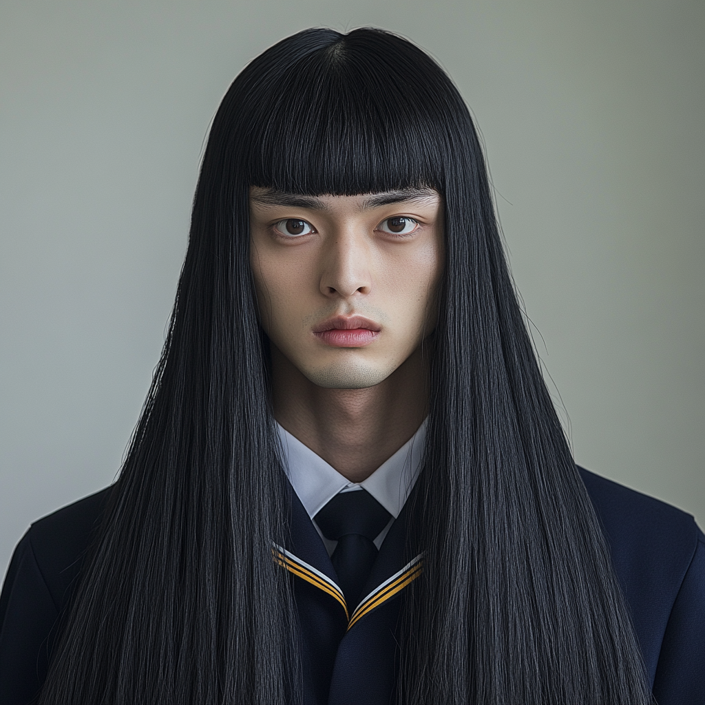 Japanese man with 2m tall hair in school uniform