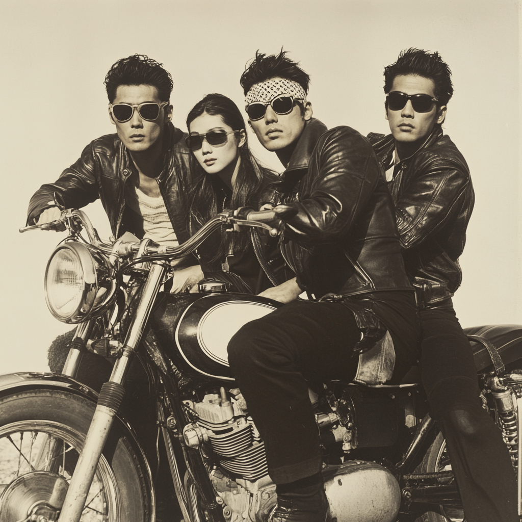 Japanese men and women in 1960s motorcycle fashion pose.