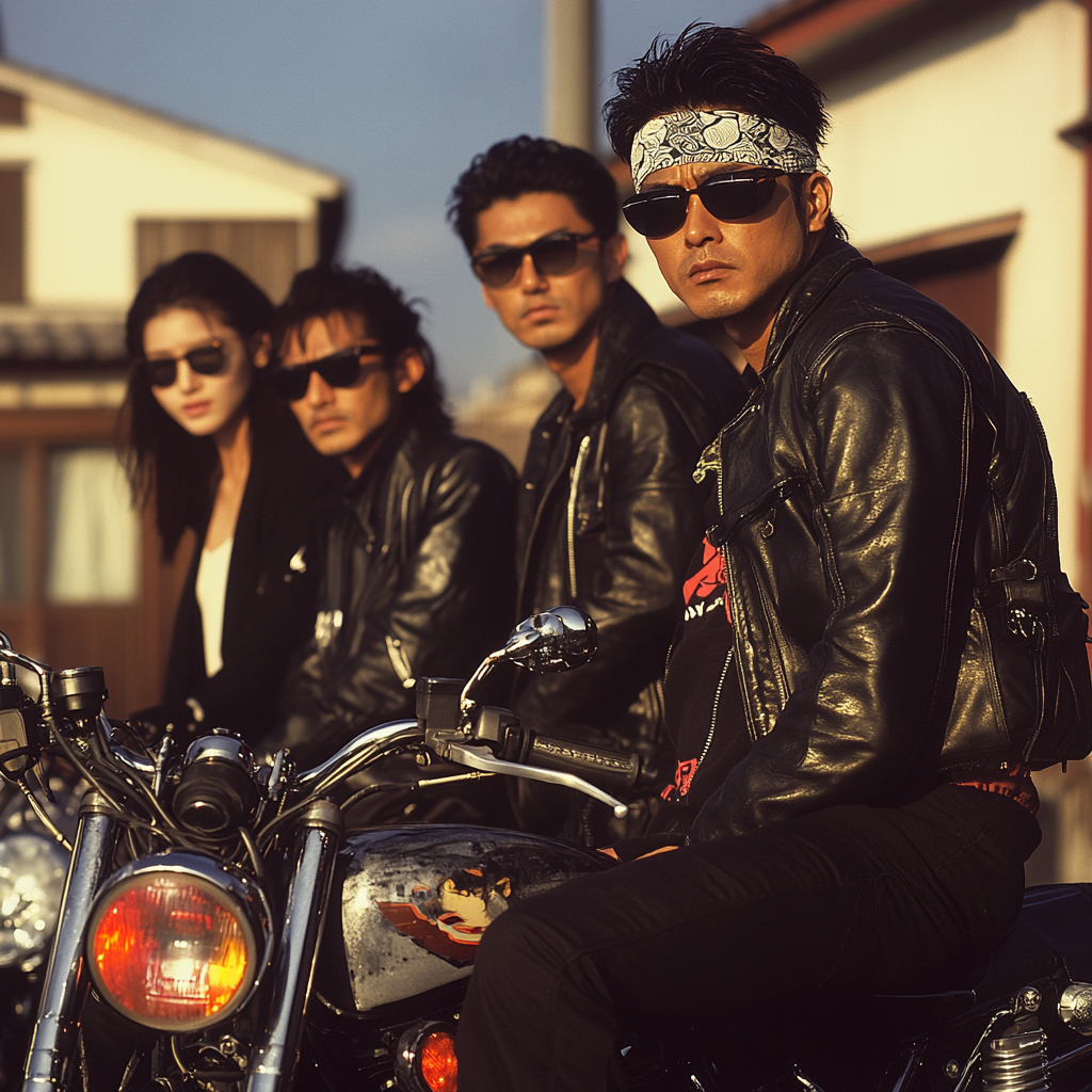 Japanese men and women in black leather outfit posing.