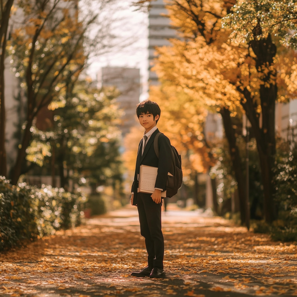 Japanese middle school student in city during autumn