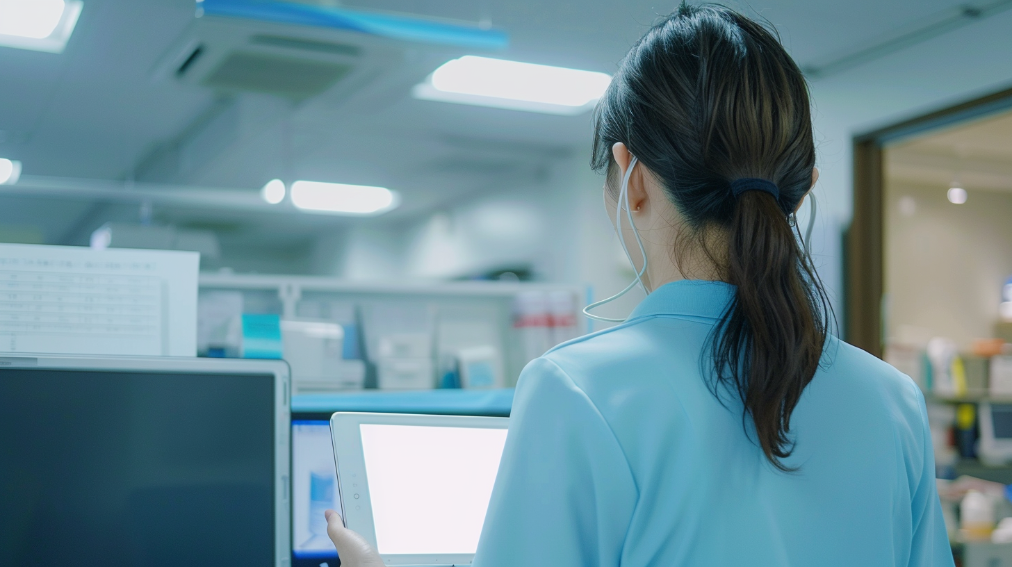 Japanese office woman with tablet and monitor, caregiver shot.