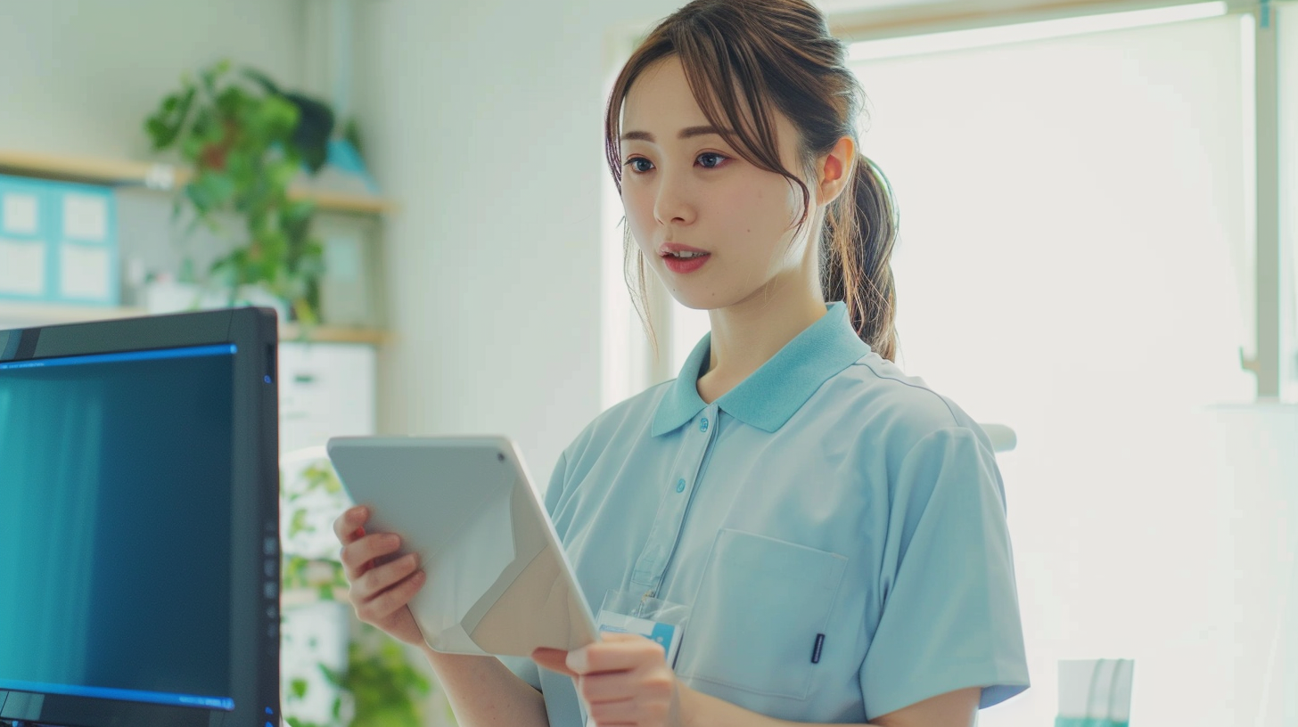 Japanese office worker with blue polo shirt, using tablet.