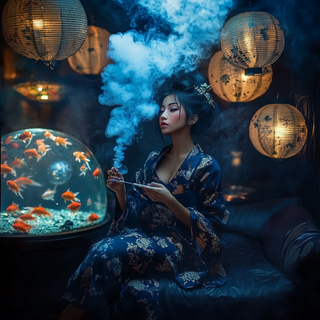 Japanese oiran woman on sofa with smoke pipe in dark room