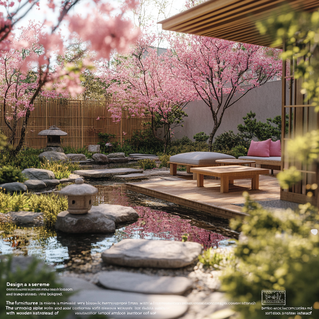 Japanese outdoor setting with cherry blossom, koi pond, minimalist furniture.