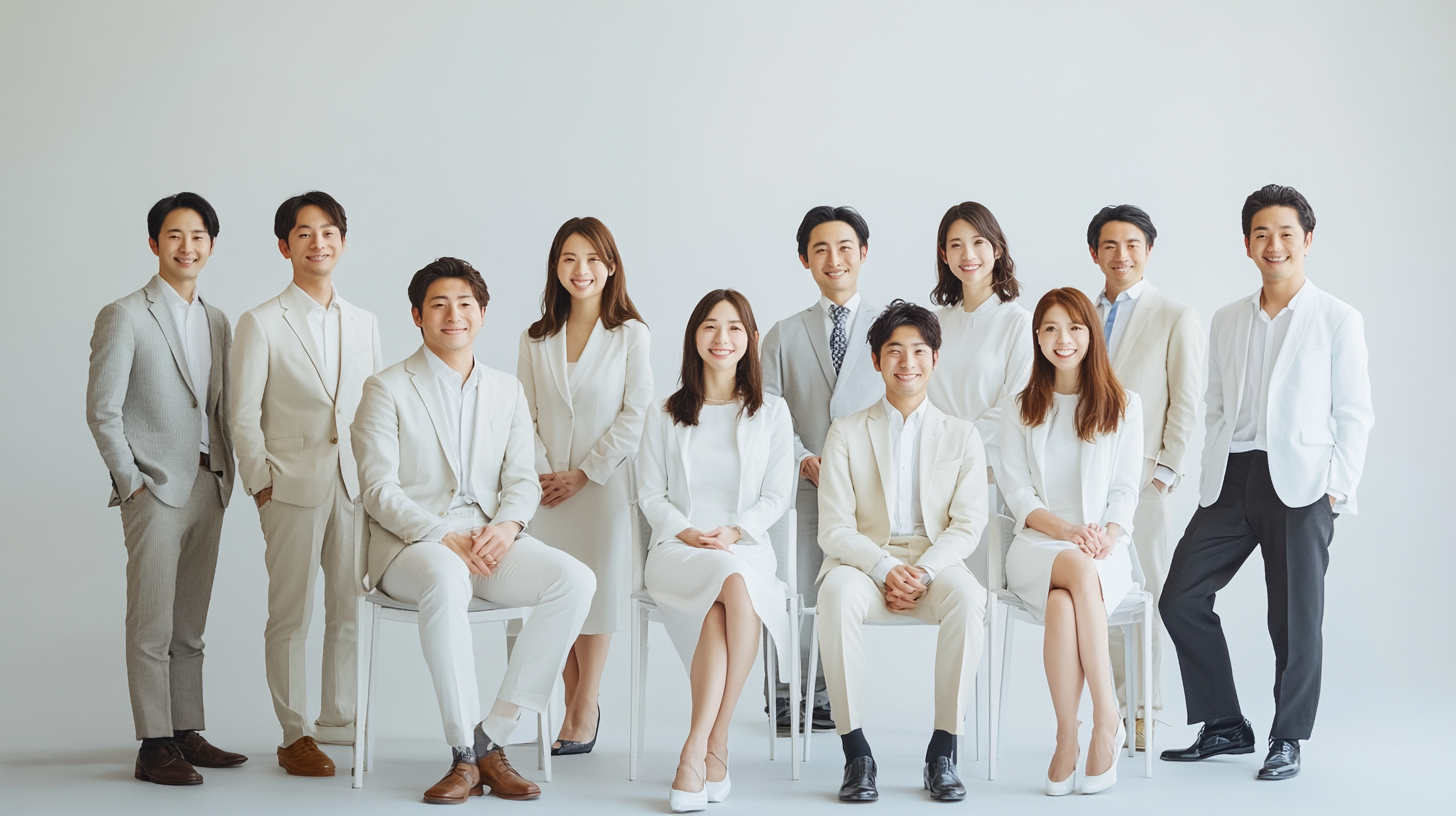 Japanese professionals in stylish attire smiling for group photo.