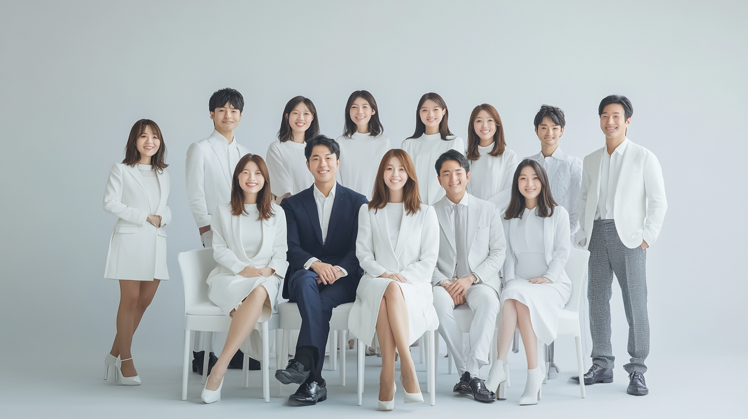 Japanese professionals in stylish white attire pose happily together.