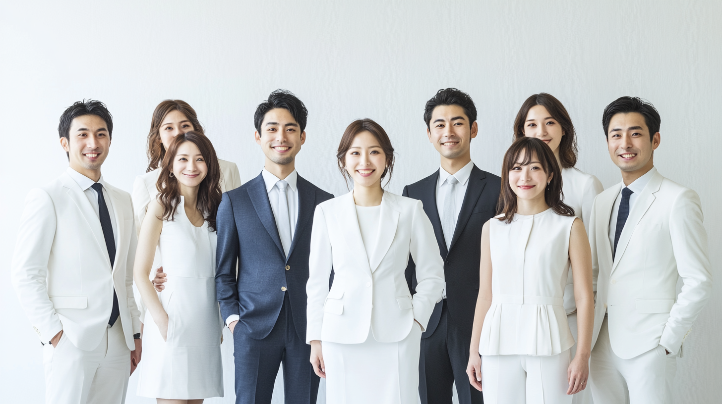 Japanese professionals in white suits and dresses pose together.