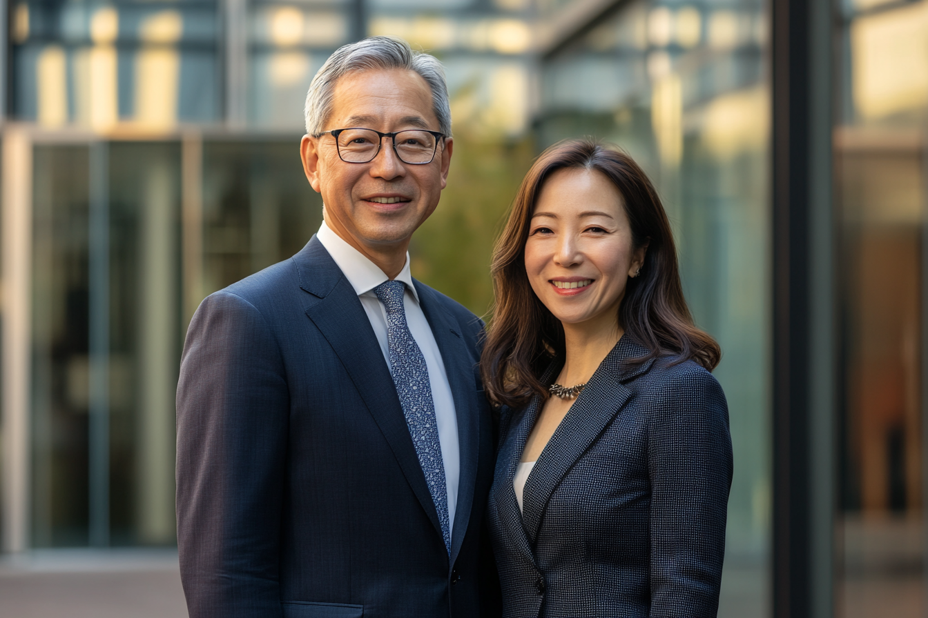 Japanese professionals standing outside modern company building