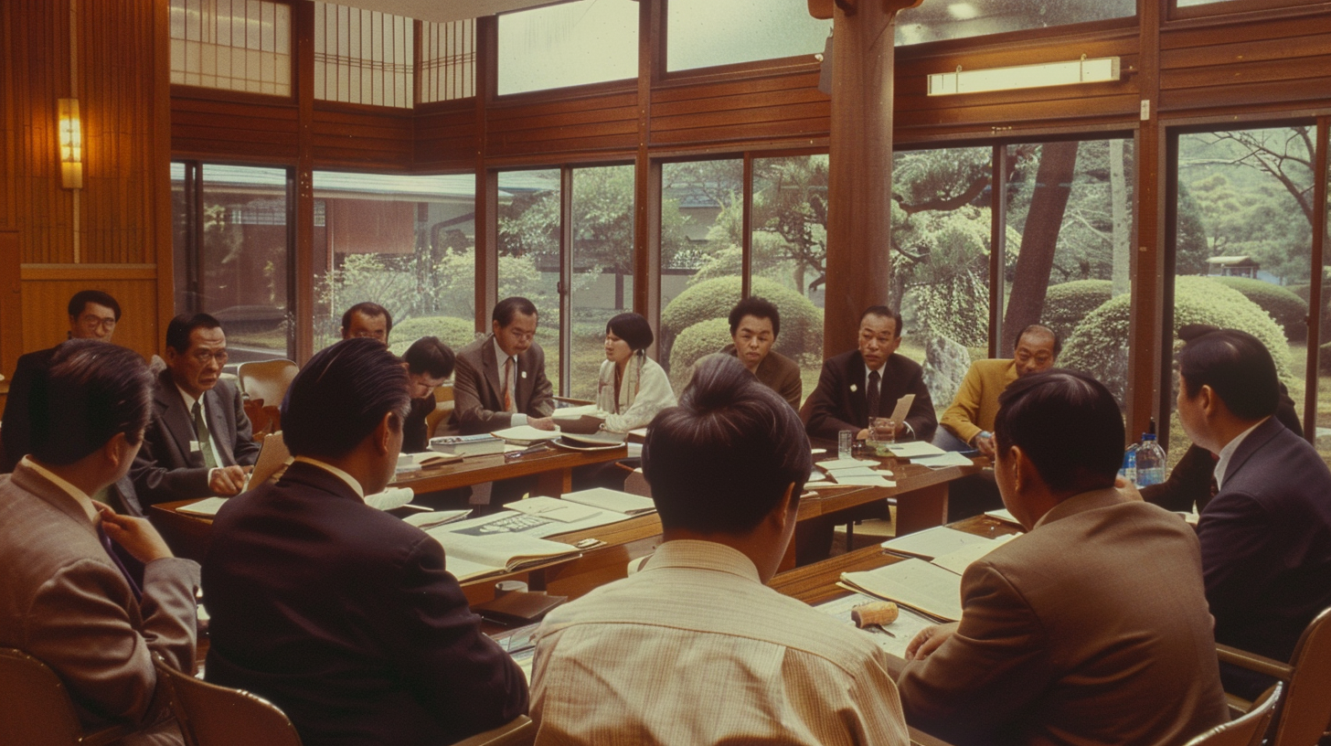 Japanese resort auditorium filled with pastors in discussion and debate.