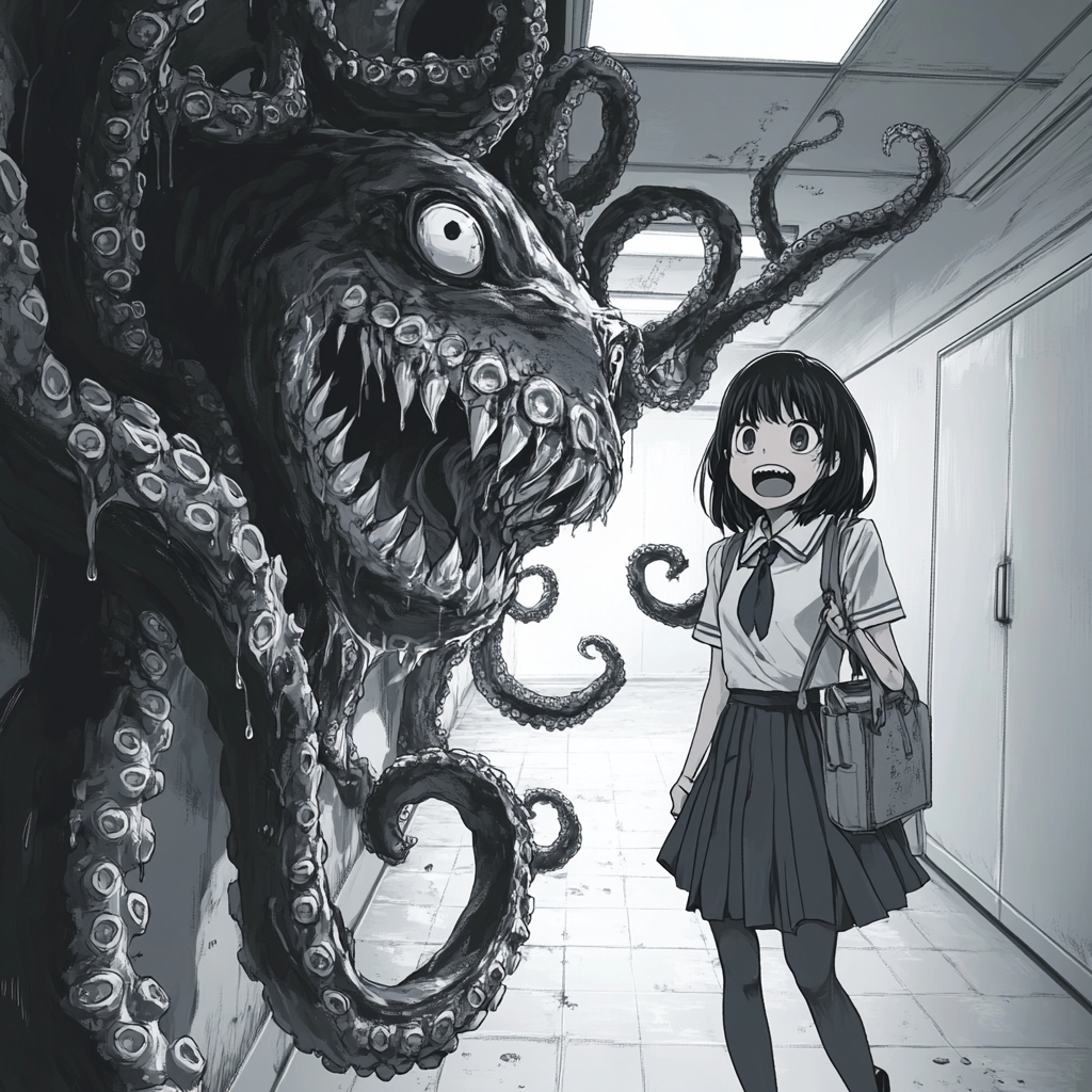 Japanese schoolgirl with tentacles and sharp teeth emerges