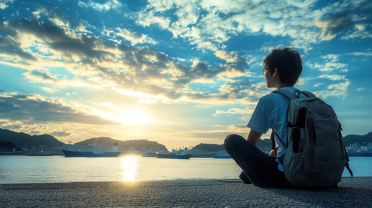 Japanese student hopeful by Nagasaki harbor, backpack under sunset glow.