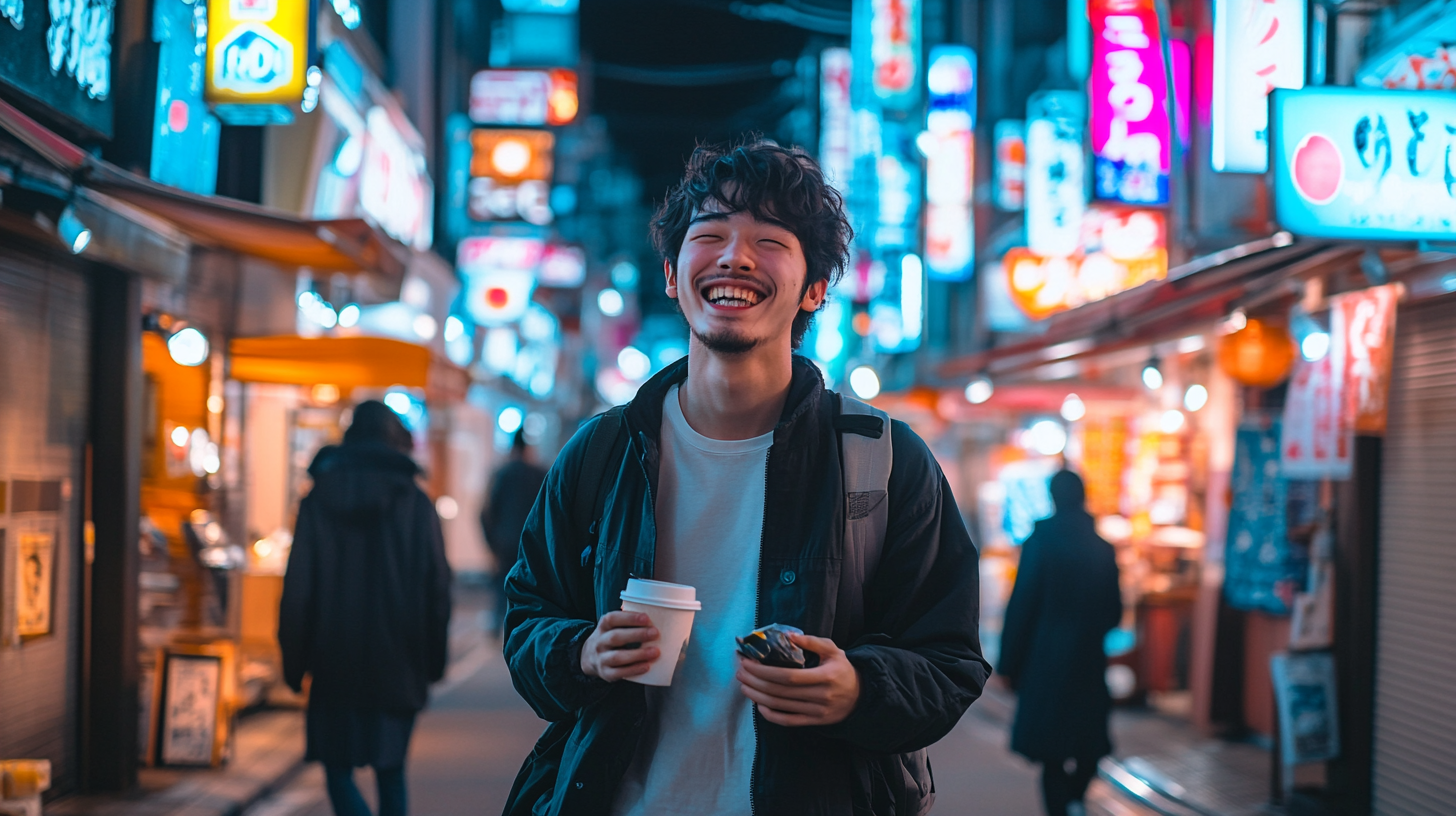 Japanese student laughing in Nagasaki, holding coffee cup.