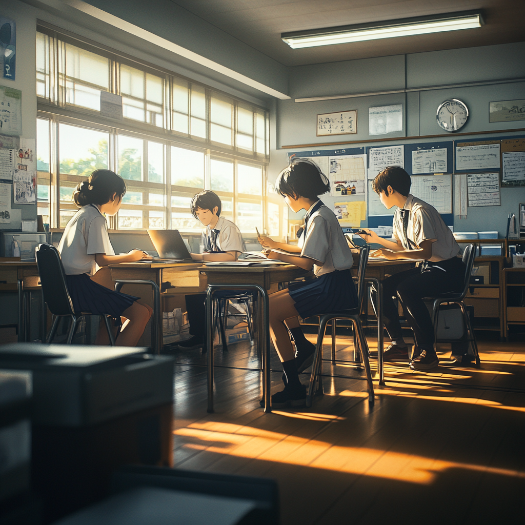 Japanese student studying with teachers in bright classroom.