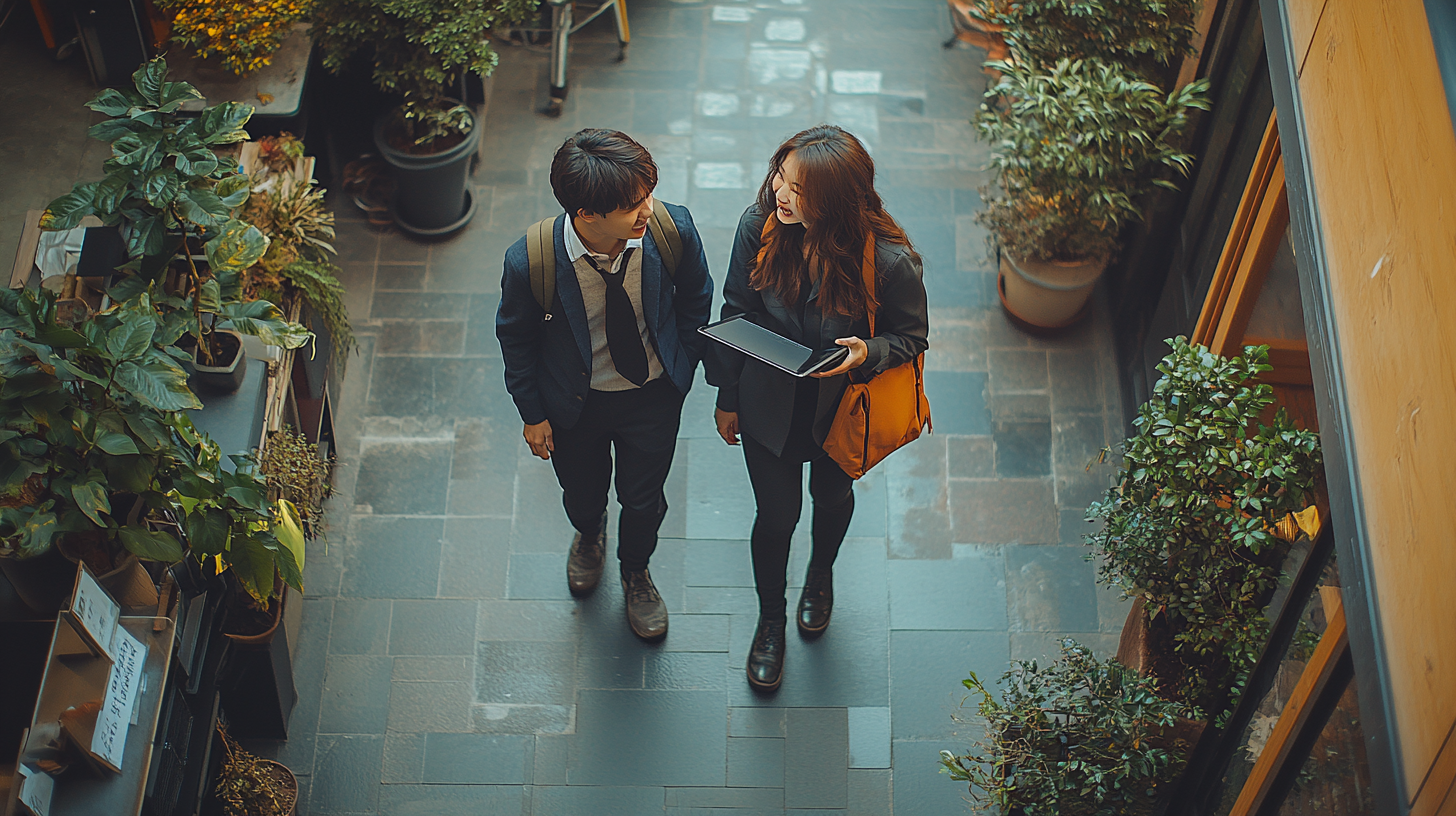 Japanese students in suits walking, one holding laptop, talking.