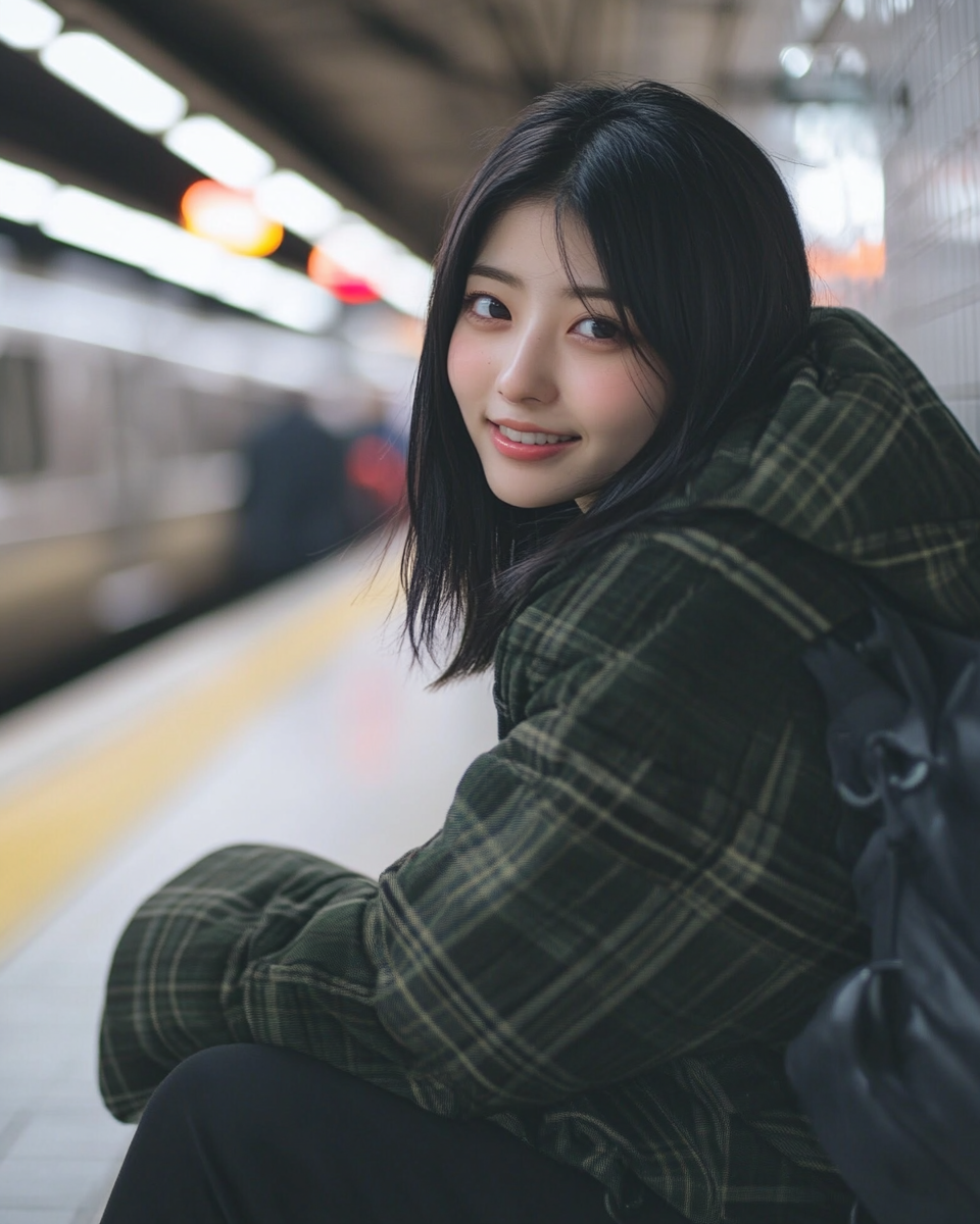 Japanese teenage girl in winter clothes smiles on subway platform.