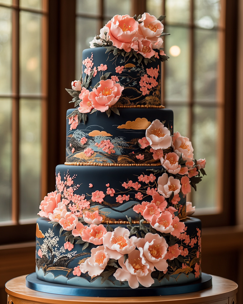 Japanese-themed wedding cake with Kimono design