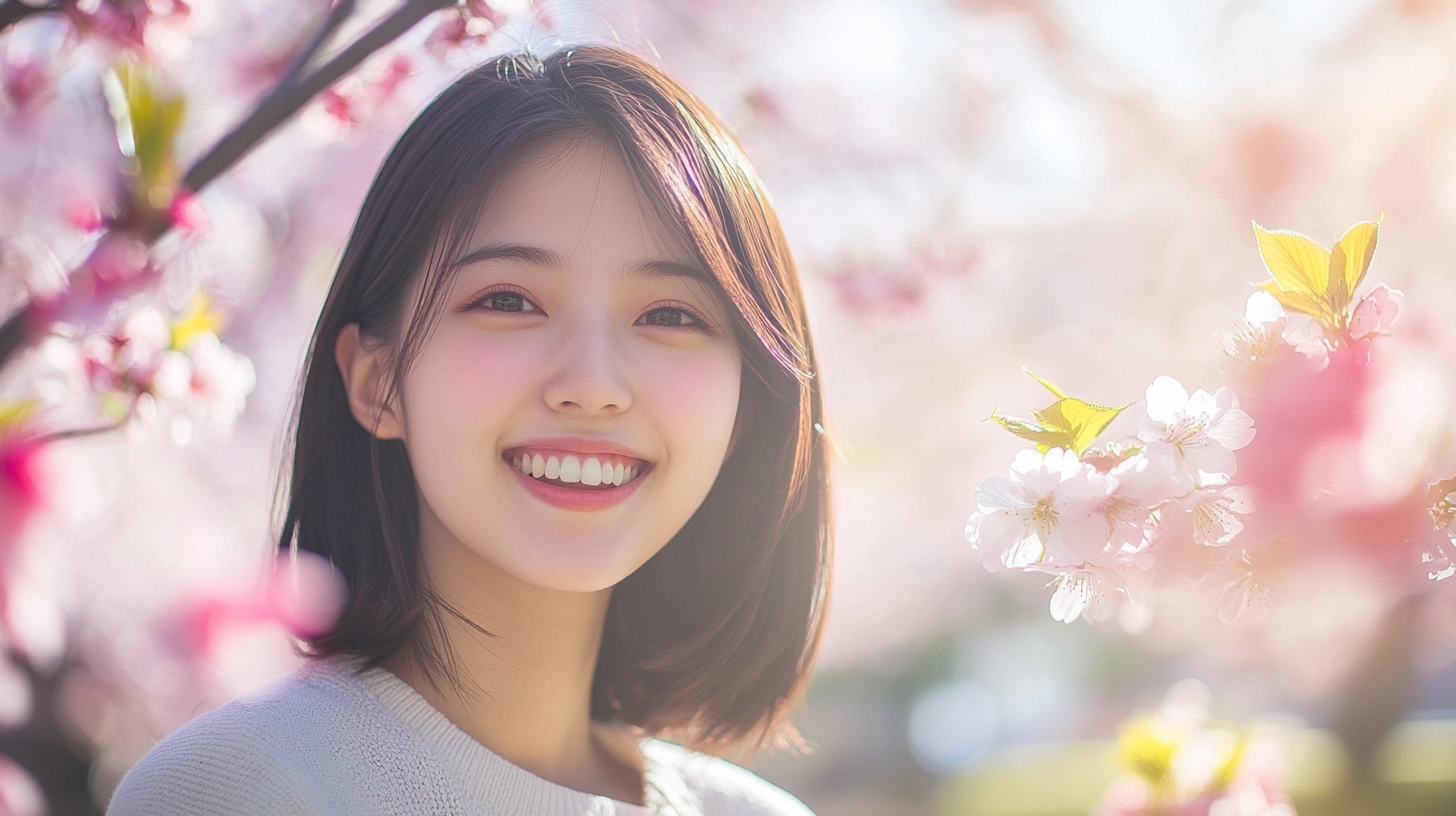 Japanese university student near Nagasaki Peace Park, smiling in sunlight.