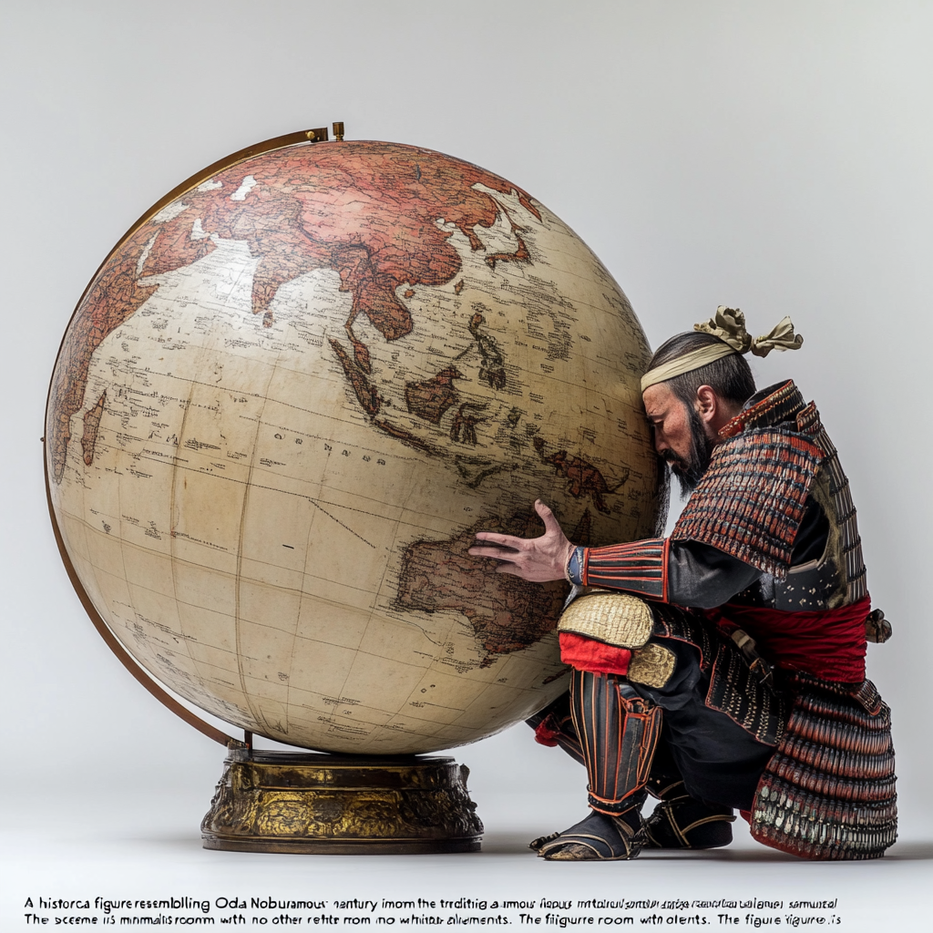 Japanese warlord in armor studying antique globe silently.