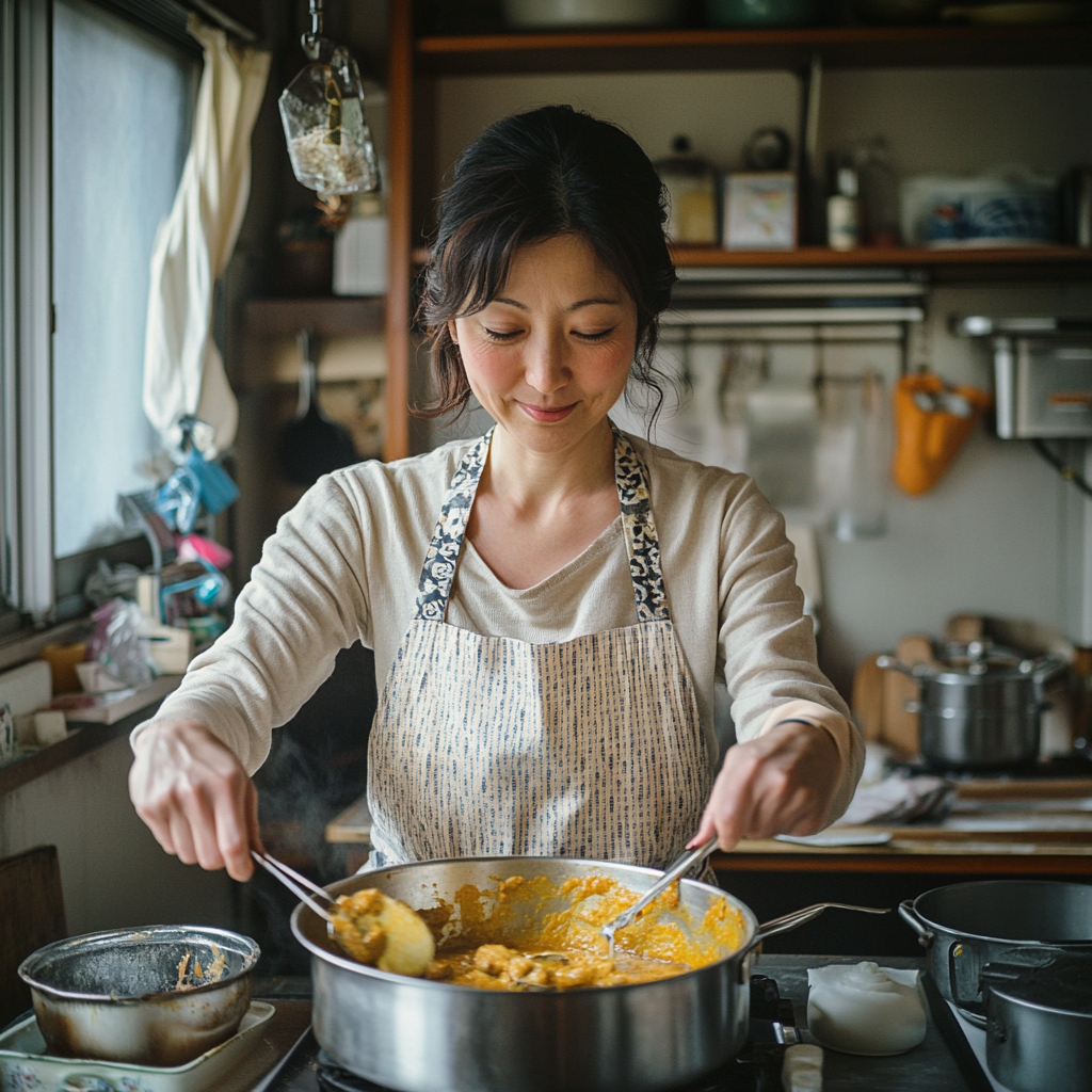 Japanese wife making curry in cozy kitchen, smiling.