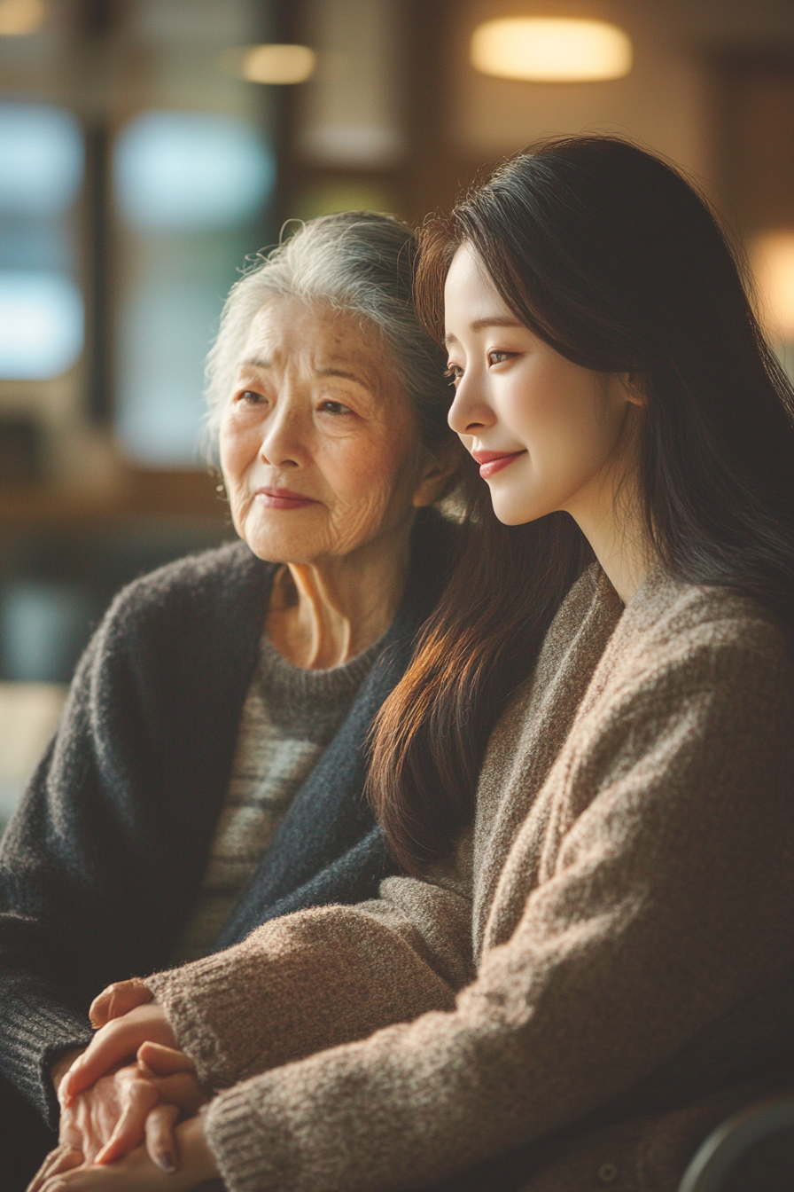 Japanese woman comforting elderly mother in warm hospital room.