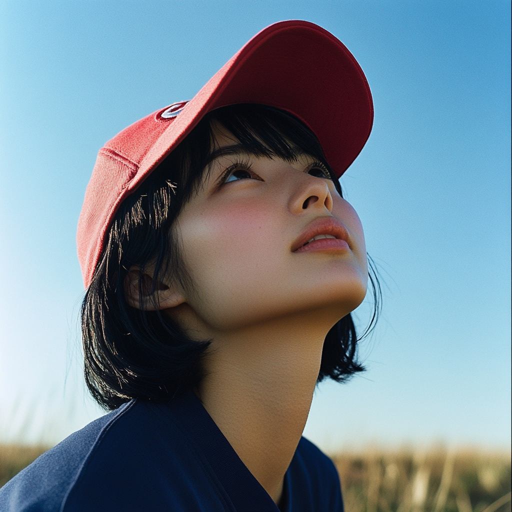 Japanese woman gazes at sky in countryside.