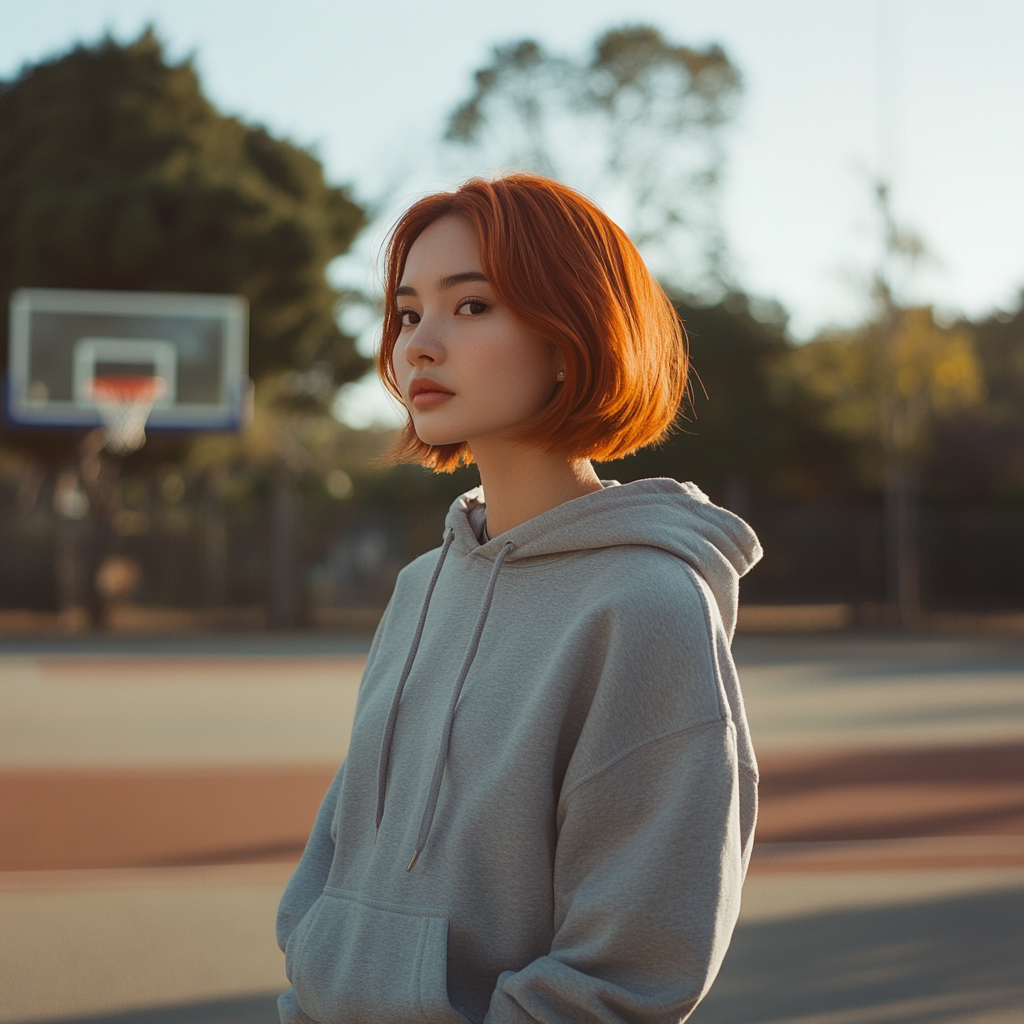 Japanese woman in 20s, photoshoot in park, casual outfit.