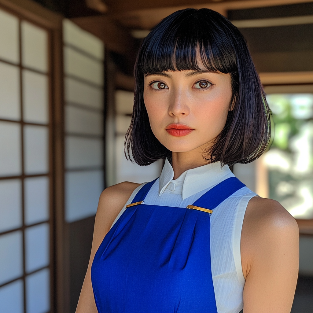 Japanese woman in bright blue dress in sunlight