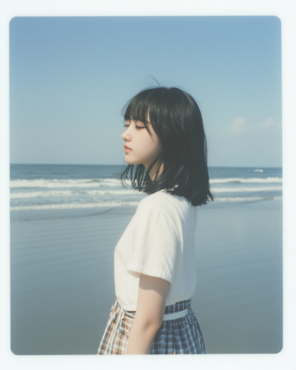 Japanese woman in casual dress standing on coast.