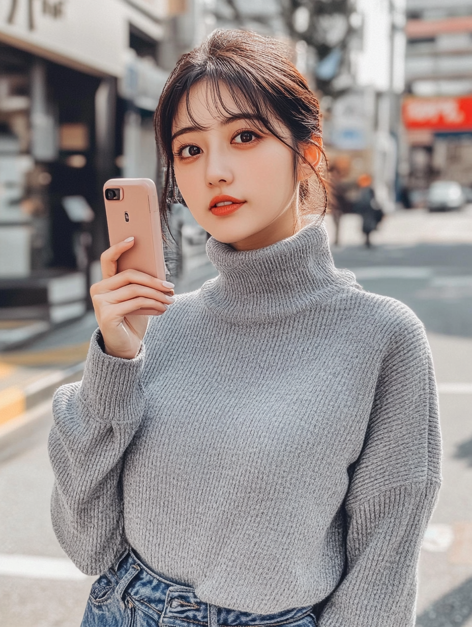 Japanese woman in gray sweater takes selfie on street.