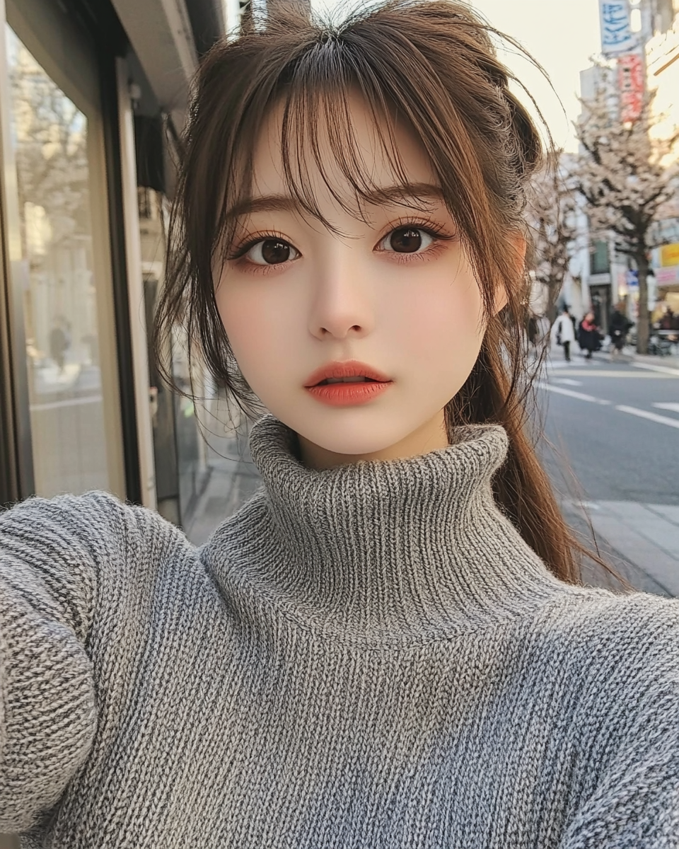 Japanese woman in gray sweater taking walking selfie.