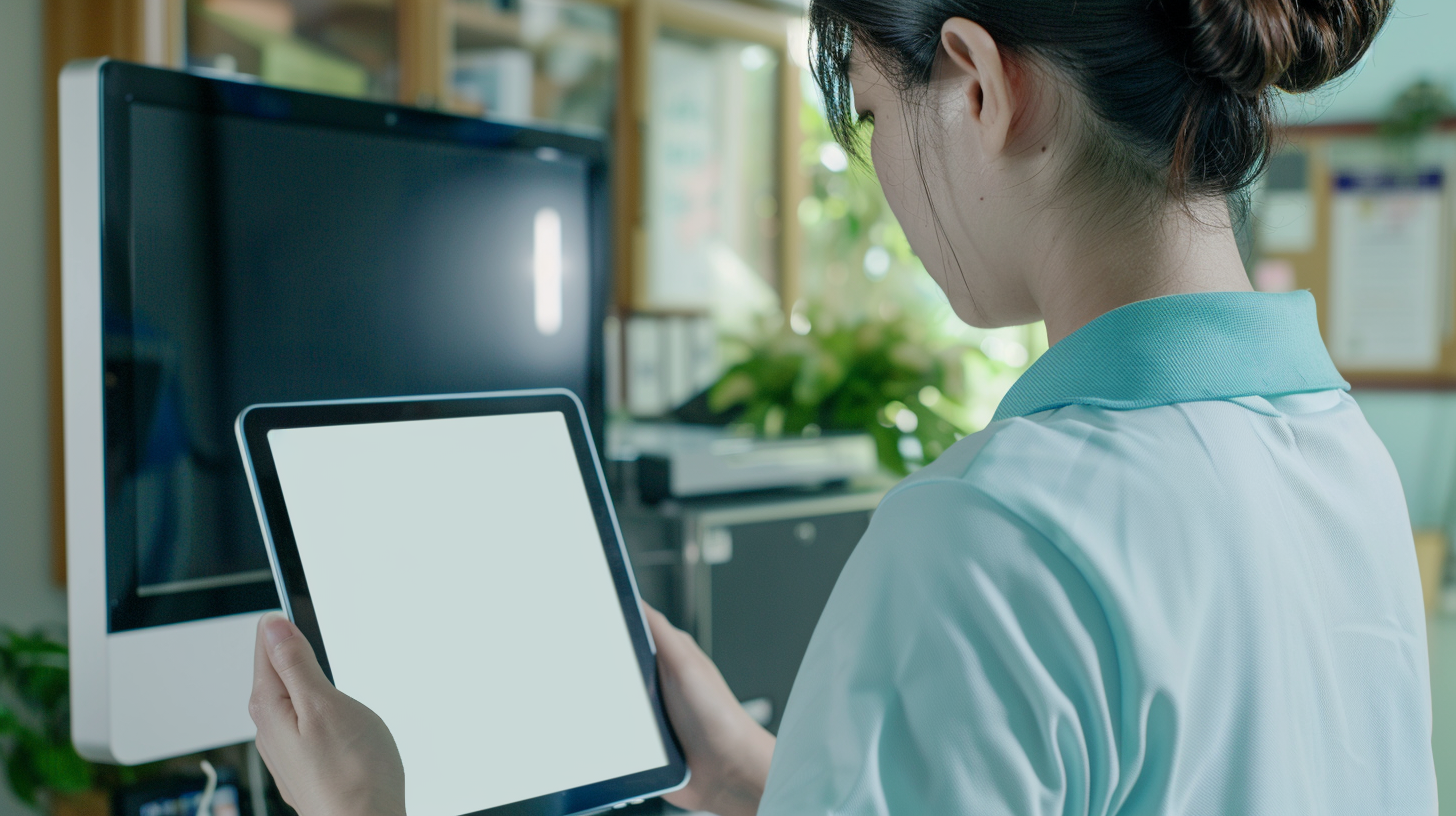 Japanese woman in light blue holding digital tablet.