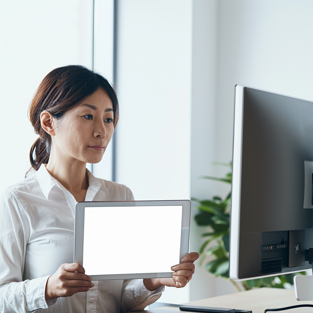 Japanese woman in office holding digital tablet screen.