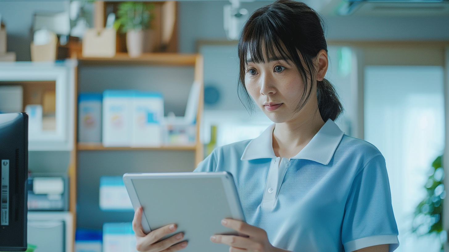 Japanese woman in office with tablet and monitor.