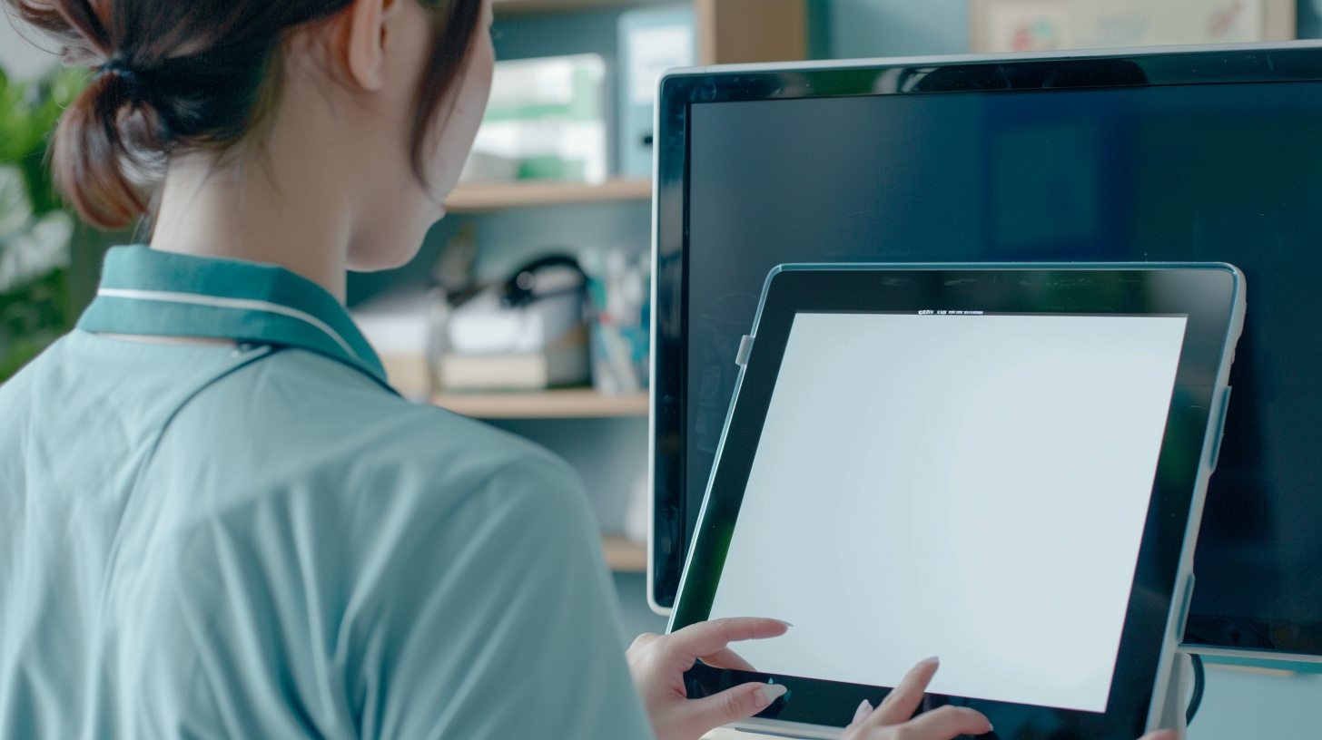 Japanese woman in office with tablet computer and monitor.