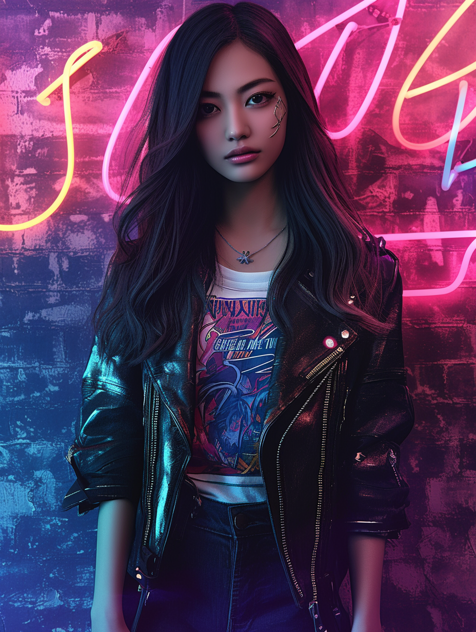 Japanese woman in trendy outfit against neon-lit background.